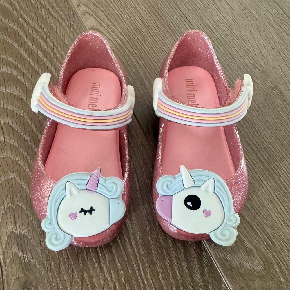 Mini Melissa Unicorn Ballet Flats Rainbow Glitter Pink Baby Sz 5